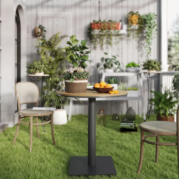 Tuintafel Ø70 cm, weerbestendig rond balkontafel met lameldesign, stalen eettafel buiten, campingtafel bijzettafel, terrastafel voor tuin terras balkon natuurhout 9