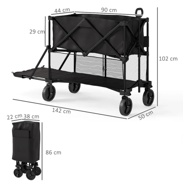 Tuinwagen 200 kg belastbaar, tweelaags transportwagen met verwijderbare zeil, handvat, wielen, stuuras, opvouwbare bolderwagen, handwagen, tuinkar, gereedschapswagen voor huis, tuin zwart 4