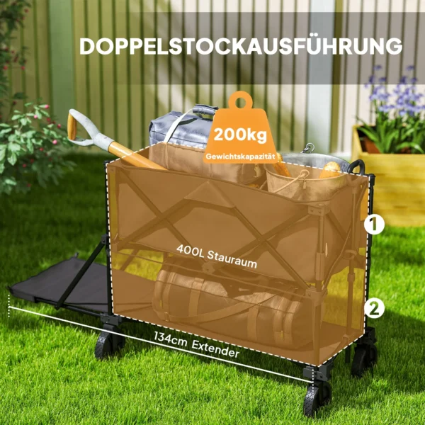 Tuinwagen 200 kg belastbaar, tweelaags transportwagen met verwijderbare zeil, handvat, wielen, stuuras, opvouwbare bolderwagen, handwagen, tuinkar, gereedschapswagen voor huis, tuin zwart 5