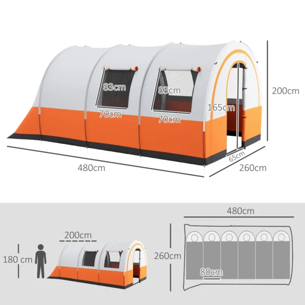 Tunnel tent, campingtent voor 6 personen, met 2 kamers, lichthaak, groepstent met draagtas, 3000mm waterafstotend familietent, voor tuin, campingplaats, crèmewit 4