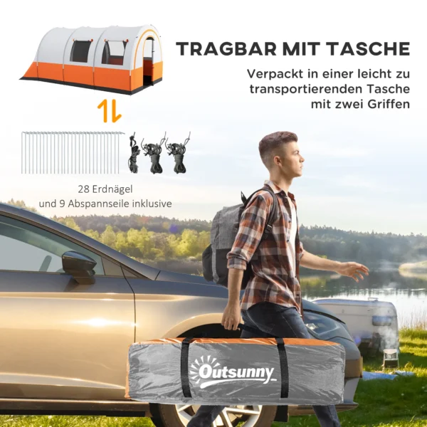 Tunnel tent, campingtent voor 6 personen, met 2 kamers, lichthaak, groepstent met draagtas, 3000mm waterafstotend familietent, voor tuin, campingplaats, crèmewit 8
