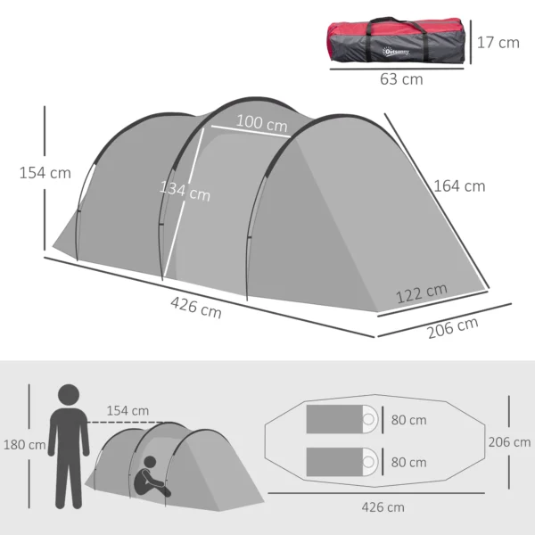 Tunnel tent voor 2 3 personen, 190t camping tent met haringen, glasvezel & polyester, grijs, 426 x 206 x 154 cm, ideaal voor outdoor avonturen 4
