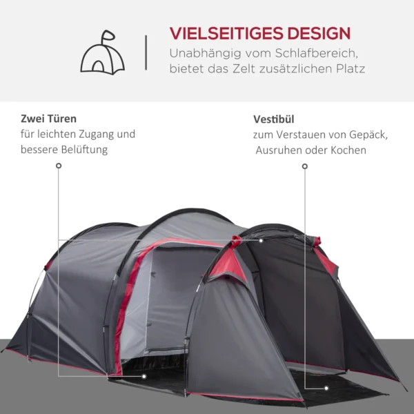 Tunnel tent voor 2 3 personen, 190t camping tent met haringen, glasvezel & polyester, grijs, 426 x 206 x 154 cm, ideaal voor outdoor avonturen 5