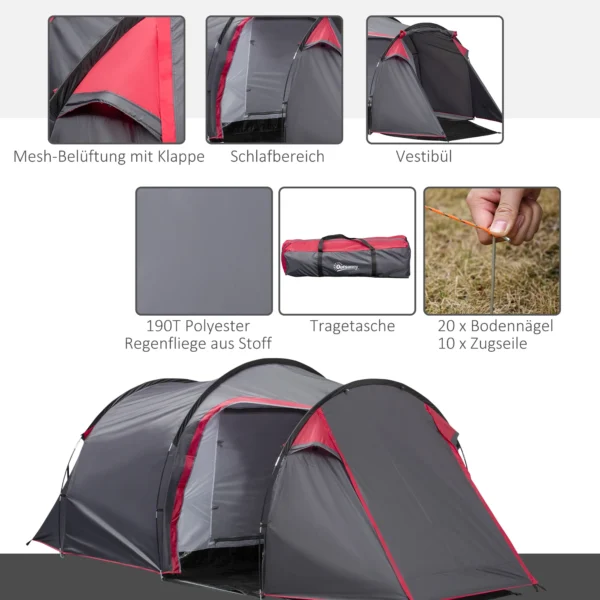 Tunnel tent voor 2 3 personen, 190t camping tent met haringen, glasvezel & polyester, grijs, 426 x 206 x 154 cm, ideaal voor outdoor avonturen 8
