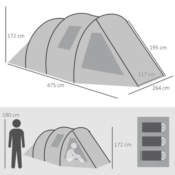 Tunnel tent voor 4 personen camping tent met uv bescherming en ramen, familie tent met draagtas 2000 mm waterkolom voor trekking en outdoor activiteiten 4