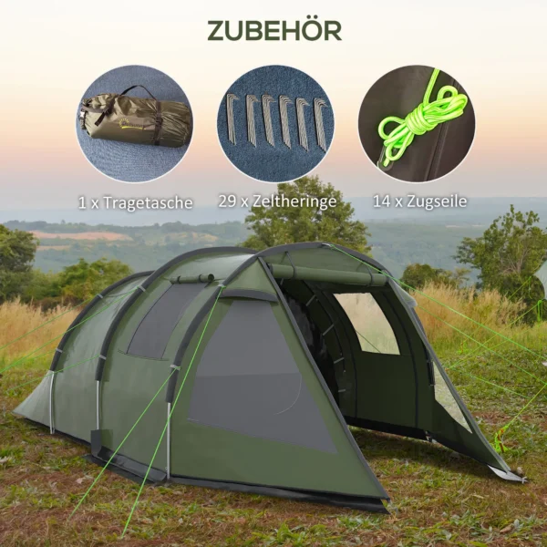 Tunnel tent voor 4 personen camping tent met uv bescherming en ramen, familie tent met draagtas 2000 mm waterkolom voor trekking en outdoor activiteiten 8