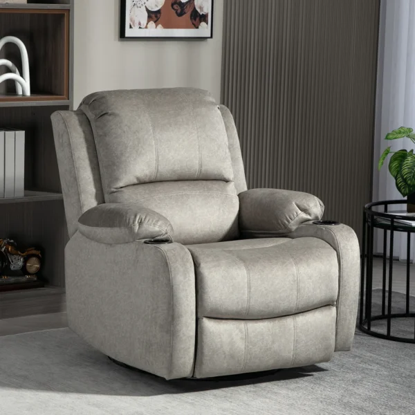 Tv stoel met ligfunctie, 360° draaibaar, schommelfunctie, met pocketvering, voetensteun, bekerhouder, 87l x 95b x 102h cm, bruin 2