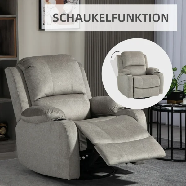 Tv stoel met ligfunctie, 360° draaibaar, schommelfunctie, met pocketvering, voetensteun, bekerhouder, 87l x 95b x 102h cm, bruin 6