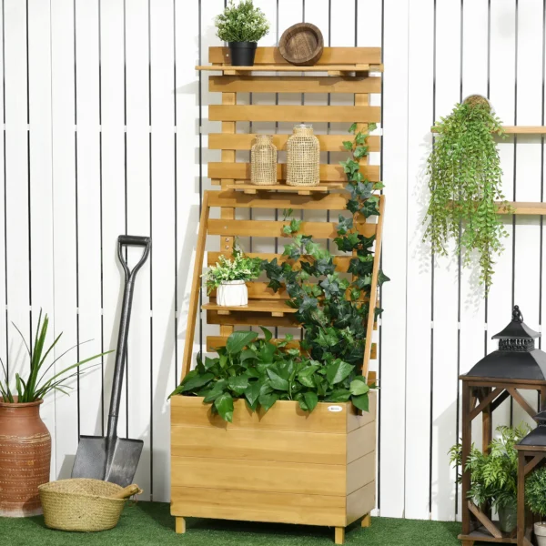 Verhoogd bed met klimrek en 3 planken, plantenbak met bloembak voor klimplanten van hout, bruin 63x39x160cm 2