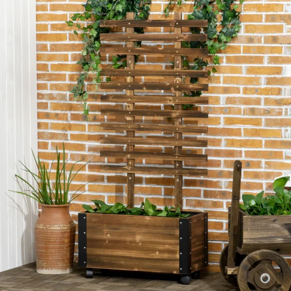 Verhoogd bed met klimrek en wielen, bloembak voor klimplanten, plantenbak van verkoold hout, 65 x 31 x 147 cm 2