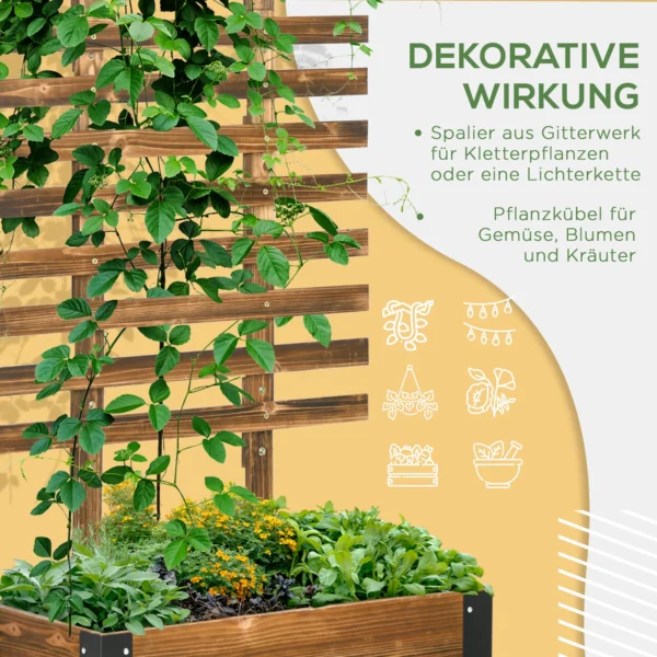 Verhoogd bed met klimrek en wielen, bloembak voor klimplanten, plantenbak van verkoold hout, 65 x 31 x 147 cm 5