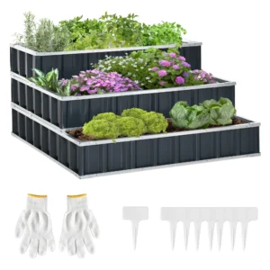 Verhoogd bloembed van staal 118x118x62 cm 3 traps bloementrap weerbestendig met t vorm plantenborden en handschoenen donkergrijs voor tuin en balkon 1