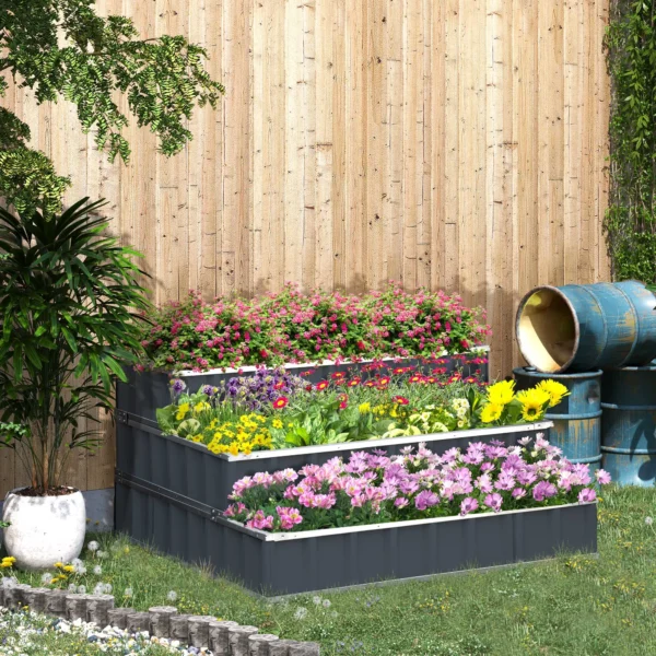 Verhoogd bloembed van staal 118x118x62 cm 3 traps bloementrap weerbestendig met t vorm plantenborden en handschoenen donkergrijs voor tuin en balkon 2
