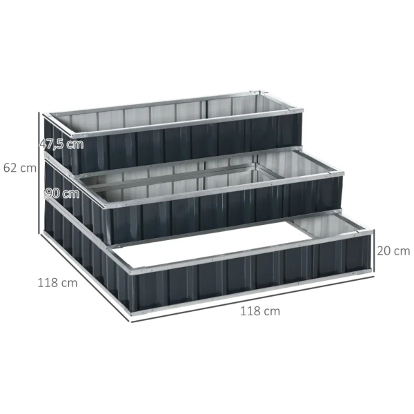 Verhoogd bloembed van staal 118x118x62 cm 3 traps bloementrap weerbestendig met t vorm plantenborden en handschoenen donkergrijs voor tuin en balkon 4
