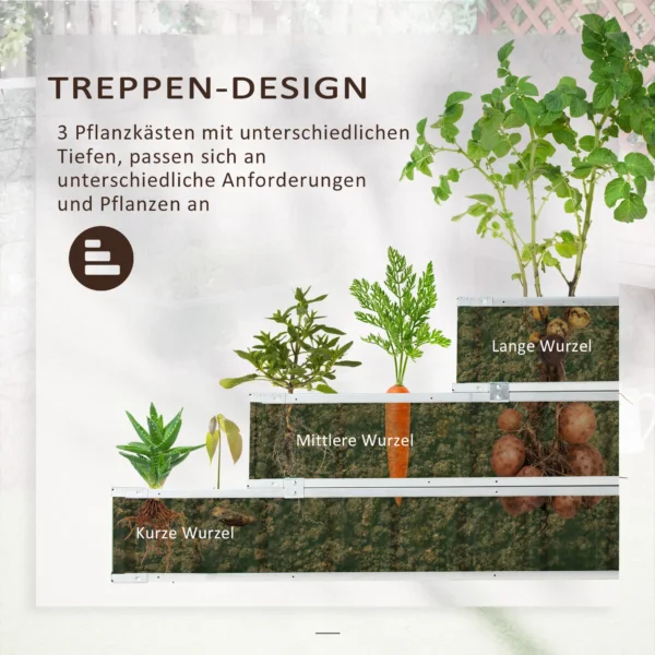 Verhoogd bloembed van staal 118x118x62 cm 3 traps bloementrap weerbestendig met t vorm plantenborden en handschoenen donkergrijs voor tuin en balkon 6