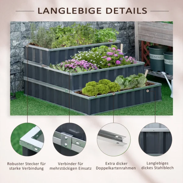 Verhoogd bloembed van staal 118x118x62 cm 3 traps bloementrap weerbestendig met t vorm plantenborden en handschoenen donkergrijs voor tuin en balkon 7