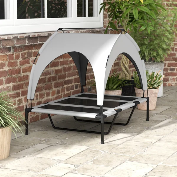 Verhoogd hondenbed met baldakijn, huisdierbed, outdoor hondenligstoel met dak, ademend, voor grote honden lichtgrijs oxford 106 x 76 x 94 cm 10