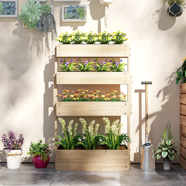 Verhoogd houten bloembed, 4 laags plantenbed met afvoergaten, vroeg bloembed, tuinbed, plantenbak 88,5 x 45 x 140 cm, groentebed voor tuin balkon, bloempot voor bloemen, planten, fruit, groenten 10