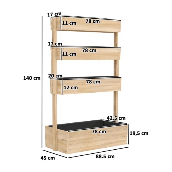 Verhoogd houten bloembed, 4 laags plantenbed met afvoergaten, vroeg bloembed, tuinbed, plantenbak 88,5 x 45 x 140 cm, groentebed voor tuin balkon, bloempot voor bloemen, planten, fruit, groenten 4