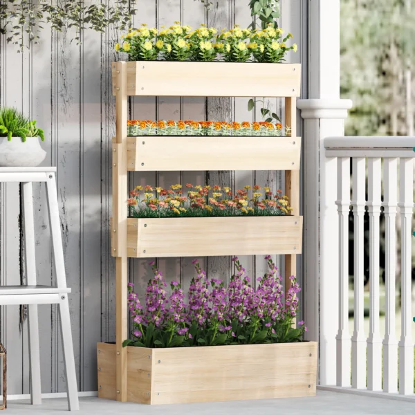Verhoogd houten bloembed, 4 laags plantenbed met afvoergaten, vroeg bloembed, tuinbed, plantenbak 88,5 x 45 x 140 cm, groentebed voor tuin balkon, bloempot voor bloemen, planten, fruit, groenten 9