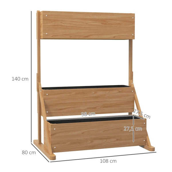 Verhoogd houten bloembed met 3 niveaus en binnen vlies voor tuin balkon 108x80x140cm natuur 4