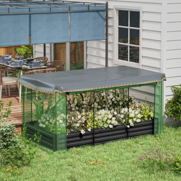 Verhoogd stalen bloembed met vogelbeschermingsnet, donkergrijs tuinbed voor balkon & terras, 230x110x110cm, ideale zonwering 2