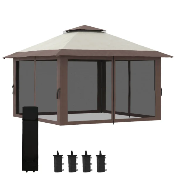 Vouwpaviljoen 4x4m tuinpaviljoen in hoogte verstelbaar met uv bescherming & netgordijnen, dubbeldak in beige voor tuinfeesten 1
