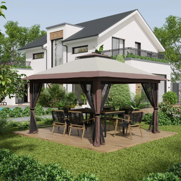 Vouwpaviljoen 4x4m tuinpaviljoen in hoogte verstelbaar met uv bescherming & netgordijnen, dubbeldak in beige voor tuinfeesten 2