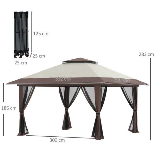 Vouwpaviljoen 4x4m tuinpaviljoen in hoogte verstelbaar met uv bescherming & netgordijnen, dubbeldak in beige voor tuinfeesten 4