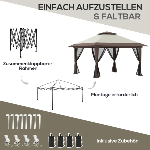 Vouwpaviljoen 4x4m tuinpaviljoen in hoogte verstelbaar met uv bescherming & netgordijnen, dubbeldak in beige voor tuinfeesten 6