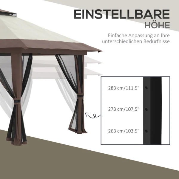 Vouwpaviljoen 4x4m tuinpaviljoen in hoogte verstelbaar met uv bescherming & netgordijnen, dubbeldak in beige voor tuinfeesten 7