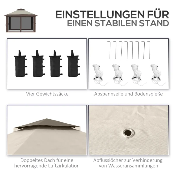 Vouwpaviljoen 4x4m tuinpaviljoen in hoogte verstelbaar met uv bescherming & netgordijnen, dubbeldak in beige voor tuinfeesten 8