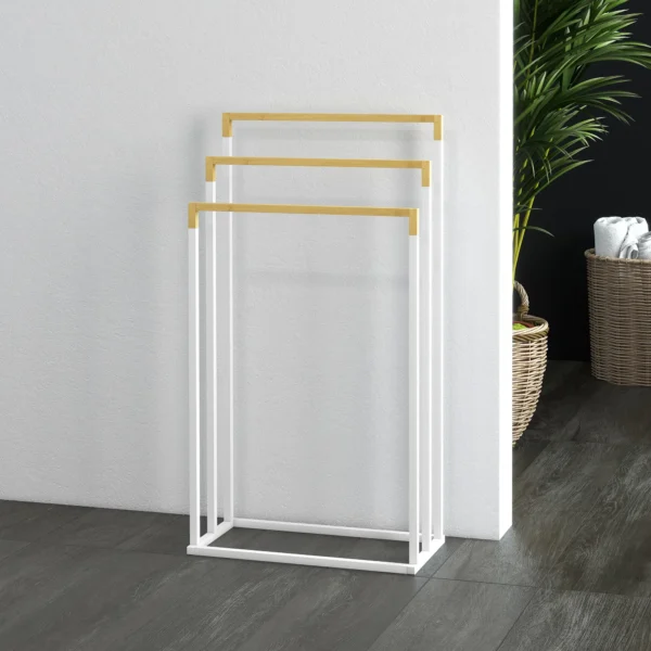 Vrijstaande handdoekhouder, handdoekenrek met 3 handdoekstangen badhanddoekhouder voor badkamer staal bamboe wit 8