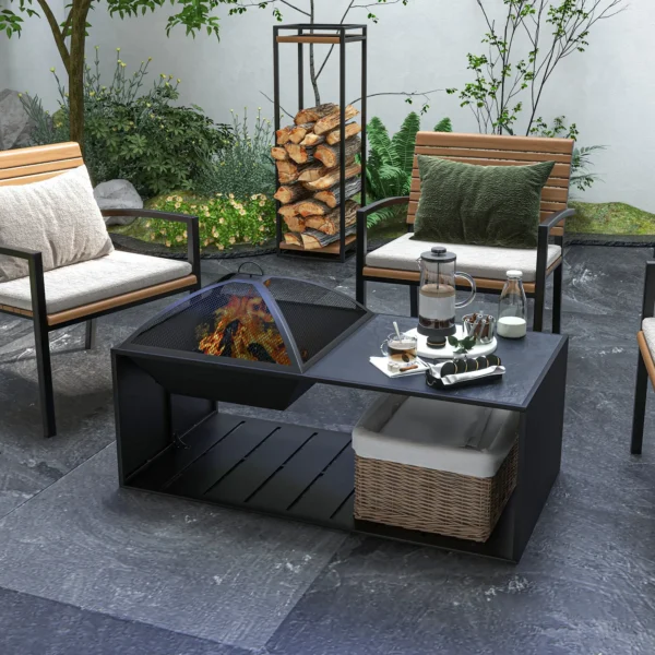 Vuurkorf met vonkenscherm en pook, opbergvak, ideaal voor tuin en terras, zwart metaal 2
