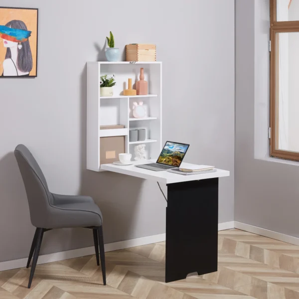 Wandtafel klapbureau met 5 vakken, bord in wit en zwart, 60x94,5x147cm, ruimtebesparend voor thuis kantoor 2