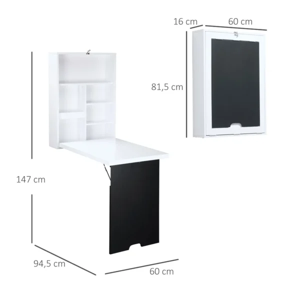 Wandtafel klapbureau met 5 vakken, bord in wit en zwart, 60x94,5x147cm, ruimtebesparend voor thuis kantoor 4