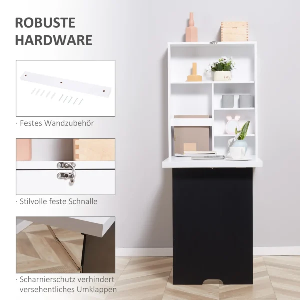 Wandtafel klapbureau met 5 vakken, bord in wit en zwart, 60x94,5x147cm, ruimtebesparend voor thuis kantoor 5