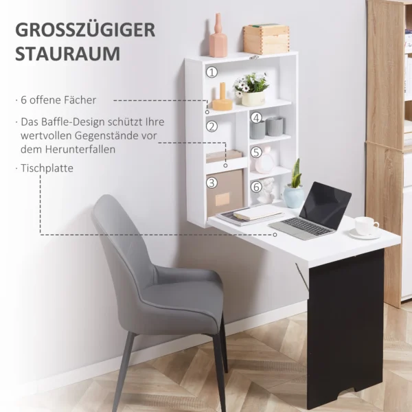 Wandtafel klapbureau met 5 vakken, bord in wit en zwart, 60x94,5x147cm, ruimtebesparend voor thuis kantoor 6