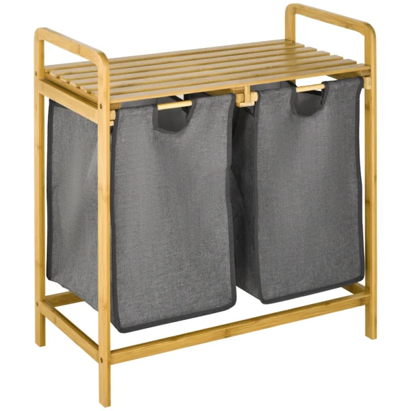 Wasmand wasbox met 2 afneembare waszakken, wasverzamelaar met platform, voor badkamer, bamboe, grijs+natuur 1