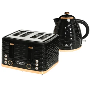 Waterkoker broodrooster set ontbijt set met 1,7l waterkoker, 4 sneden broodrooster, 2200 w, 7 bruiningsniveaus, ontdooien, opwarmen en kruimellade, otter thermostaat, zwart 1