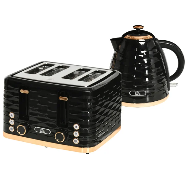 Waterkoker broodrooster set ontbijt set met 1,7l waterkoker, 4 sneden broodrooster, 2200 w, 7 bruiningsniveaus, ontdooien, opwarmen en kruimellade, otter thermostaat, zwart 1