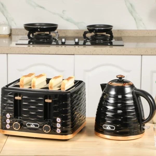 Waterkoker broodrooster set ontbijt set met 1,7l waterkoker, 4 sneden broodrooster, 2200 w, 7 bruiningsniveaus, ontdooien, opwarmen en kruimellade, otter thermostaat, zwart 2