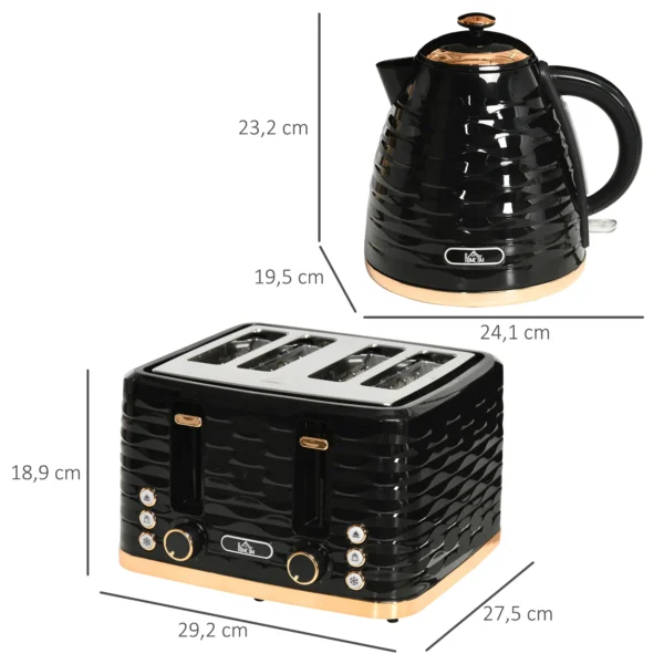 Waterkoker broodrooster set ontbijt set met 1,7l waterkoker, 4 sneden broodrooster, 2200 w, 7 bruiningsniveaus, ontdooien, opwarmen en kruimellade, otter thermostaat, zwart 4