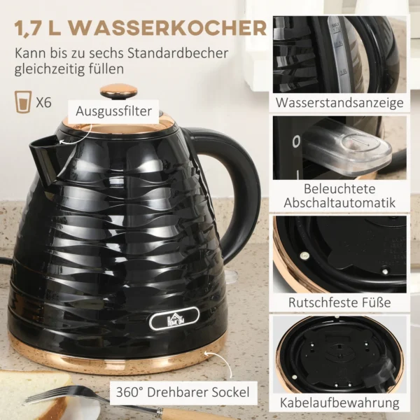 Waterkoker broodrooster set ontbijt set met 1,7l waterkoker, 4 sneden broodrooster, 2200 w, 7 bruiningsniveaus, ontdooien, opwarmen en kruimellade, otter thermostaat, zwart 5