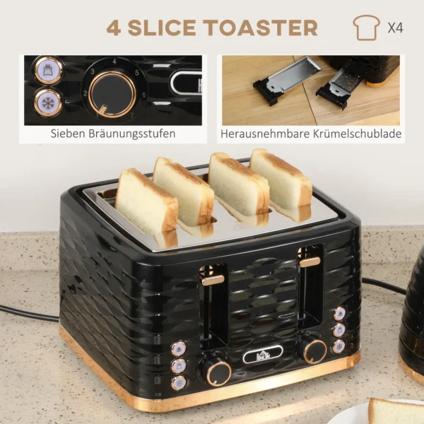 Waterkoker broodrooster set ontbijt set met 1,7l waterkoker, 4 sneden broodrooster, 2200 w, 7 bruiningsniveaus, ontdooien, opwarmen en kruimellade, otter thermostaat, zwart 6