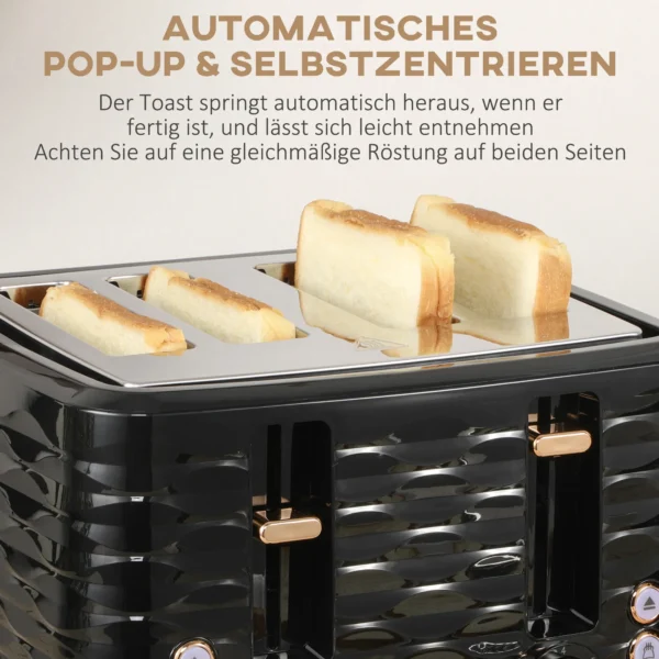 Waterkoker broodrooster set ontbijt set met 1,7l waterkoker, 4 sneden broodrooster, 2200 w, 7 bruiningsniveaus, ontdooien, opwarmen en kruimellade, otter thermostaat, zwart 7