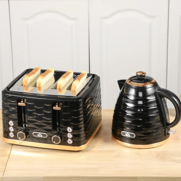 Waterkoker broodrooster set ontbijt set met 1,7l waterkoker, 4 sneden broodrooster, 2200 w, 7 bruiningsniveaus, ontdooien, opwarmen en kruimellade, otter thermostaat, zwart 8