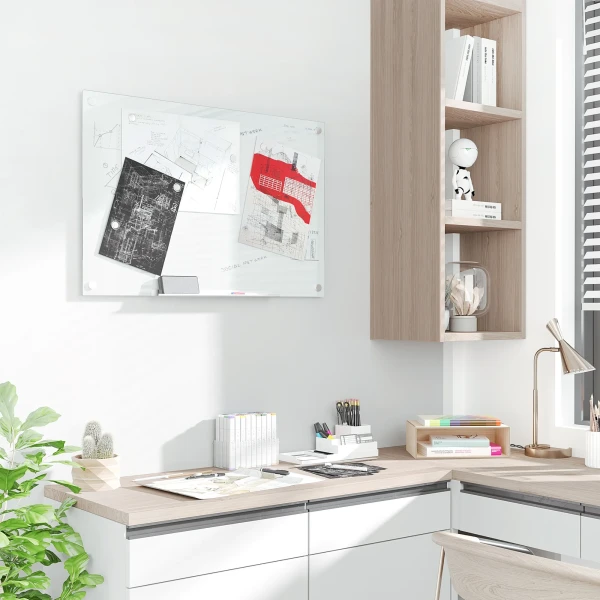 Whiteboard magnetisch bord 90x60cm met 4 pennen, 6 magneten, 1 spons en opbergruimte, staffelei glazen bord voor wandmontage 2