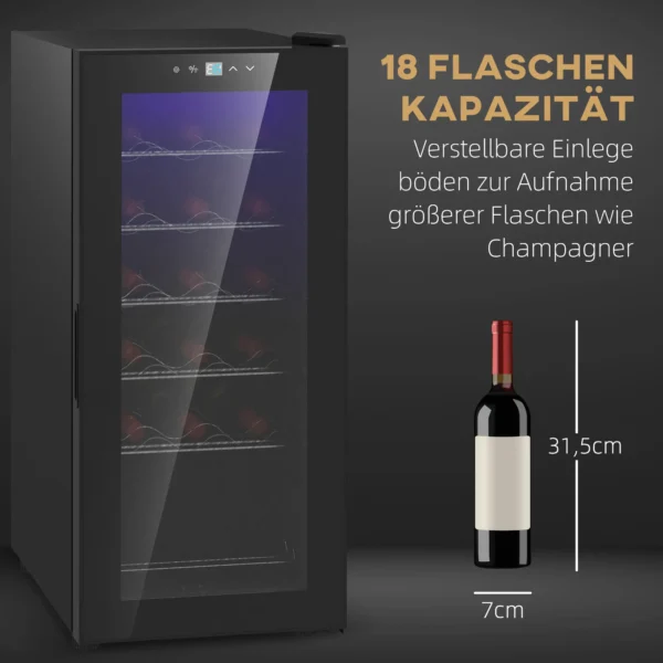 Wijnkoelkast, compressor voor 18 flessen, 50 l drankkoelkast met glazen deur, 5 18°, flessenkoelkast met aanraakschakelaar 5