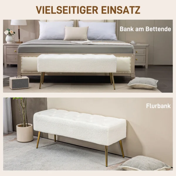 Zitbank gestoffeerde bank met lamswol look en knoopstiksels 112 x 41 x 46 cm bedbank met stalen poten voor slaapkamer woonkamer crème 7